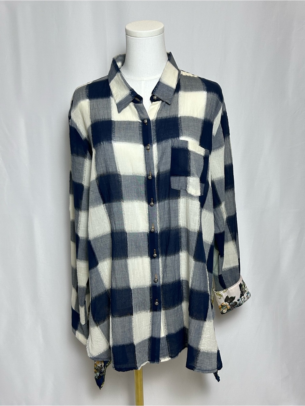 Soft Surroundings Navy & White Plaid Button-Down Shirt Scarf Print Women’s XL